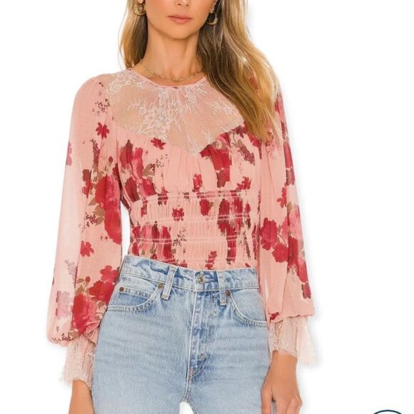 Free People  Daphne Blouse In Romantic Combo smocked longsleeve lace top‎ sz S - Picture 1 of 10